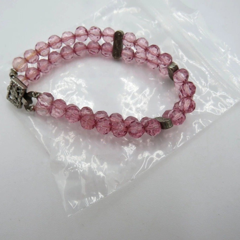 Pink Faceted Lucite Bead Double Strand Bracelet Box Clasp Fashion Jewelry - Picture 9 of 10